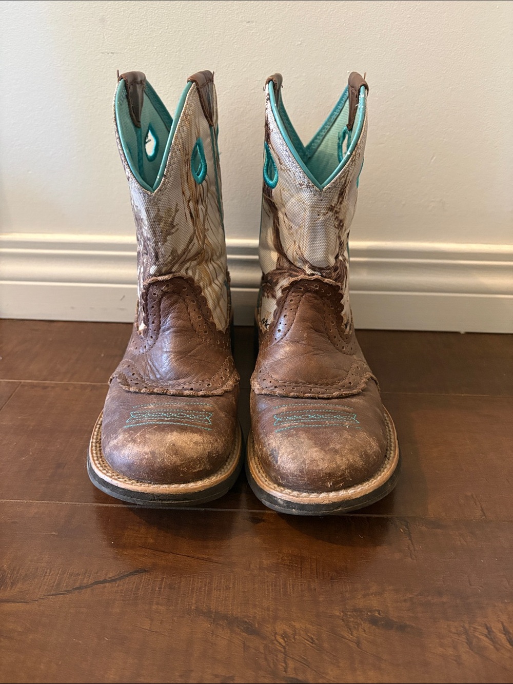 Kids ARIAT Brown Leather Western Boots with Teal Interior